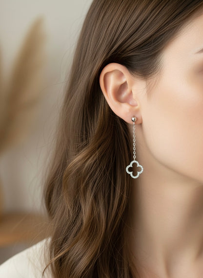 925 Sterling Silver Hallmarked Clover Drop Earrings – Zircon Detailing