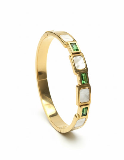 Emerald & Mother of Pearl Bangle Bracelet – Luxury Gold Finish