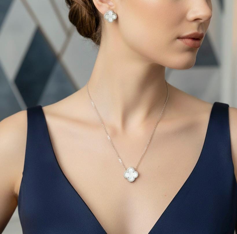 Handmade Hallmarked 925 Sterling Silver Mother of Pearl Clover Necklace & Earrings Set