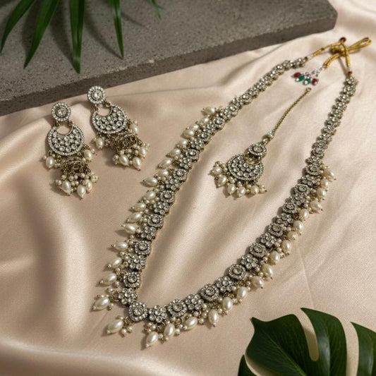 Long Necklace, Earrings and Mang Tikka | Elegant Pearl & Stone Necklace Jewellery Set