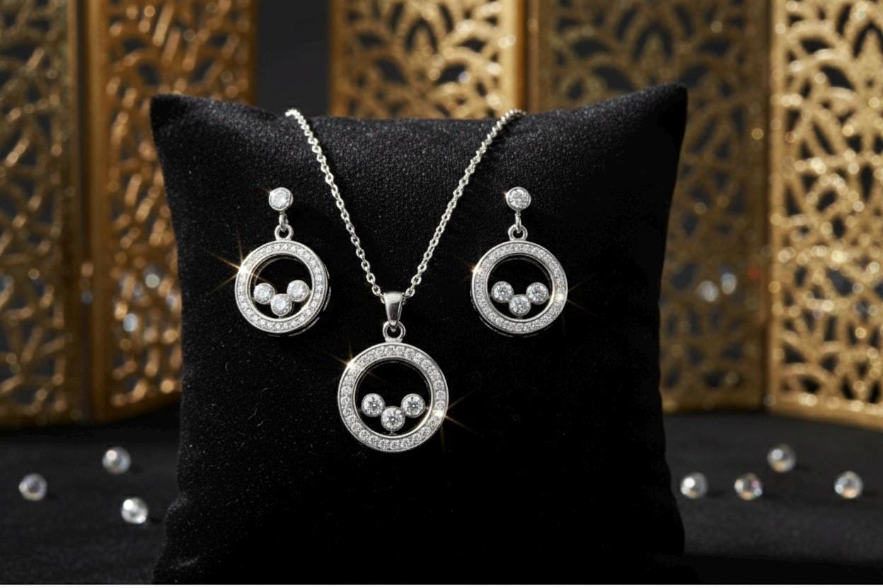 Handmade 925 Sterling Silver Necklace & Earrings Set with Cubic Zirconia