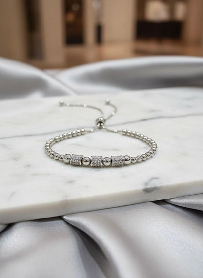 Handmade 925 Sterling Silver Adjustable Beaded Bracelet with CZ Accents