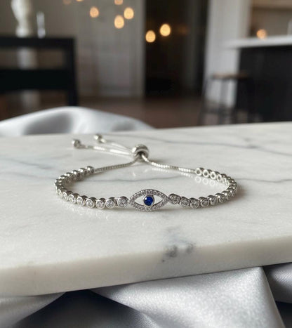 Handmade 925 Sterling Silver Evil Eye Bracelet with CZ Stones