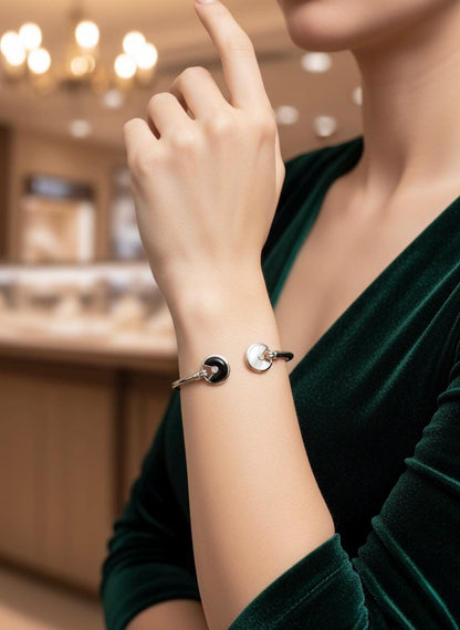 Handmade 925 Sterling Silver Open Bangle Bracelet | Black & White Stone Cuff | Hallmarked Minimalist Jewellery