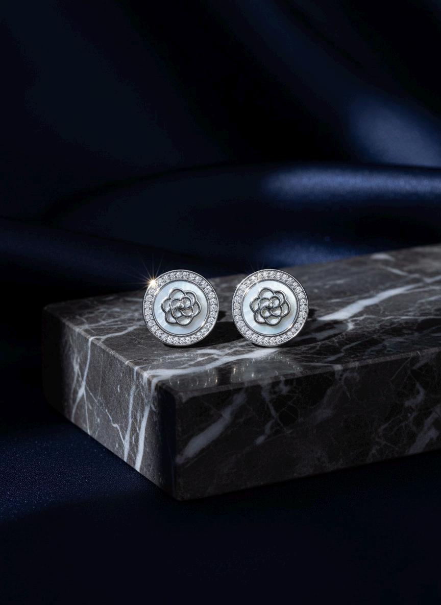 Handmade 925 Sterling Silver Floral Earrings with Mother of Pearl & Cubic Zirconia