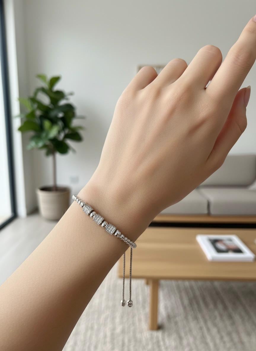 Handmade 925 Sterling Silver Adjustable Beaded Bracelet with CZ Accents