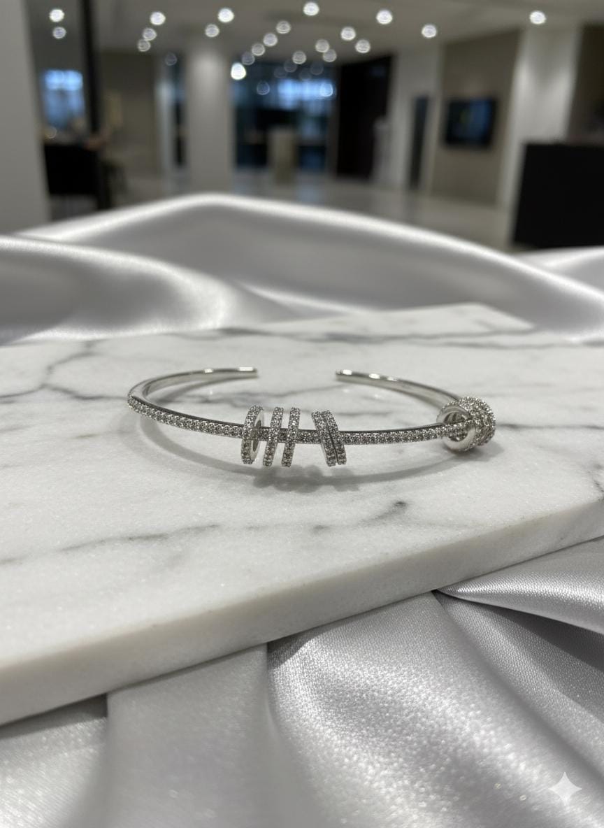 Handmade 925 Sterling Silver Open Bangle with CZ Sparkling Rings