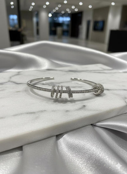 Handmade 925 Sterling Silver Open Bangle with CZ Sparkling Rings