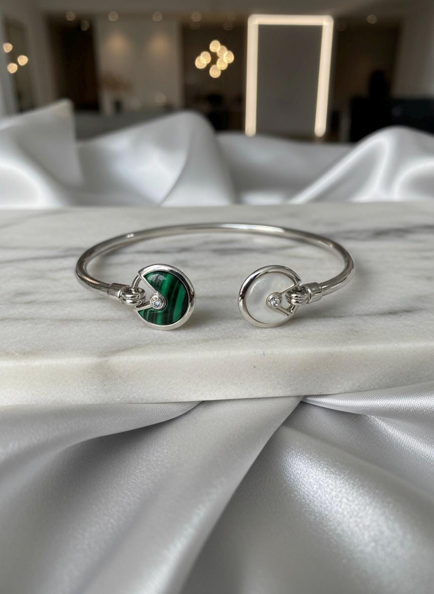 Handmade 925 Sterling Silver Malachite & Mother-of-Pearl Open Bangle