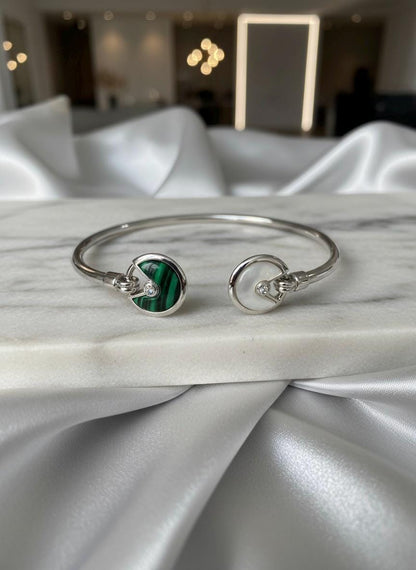 Handmade 925 Sterling Silver Malachite & Mother-of-Pearl Open Bangle
