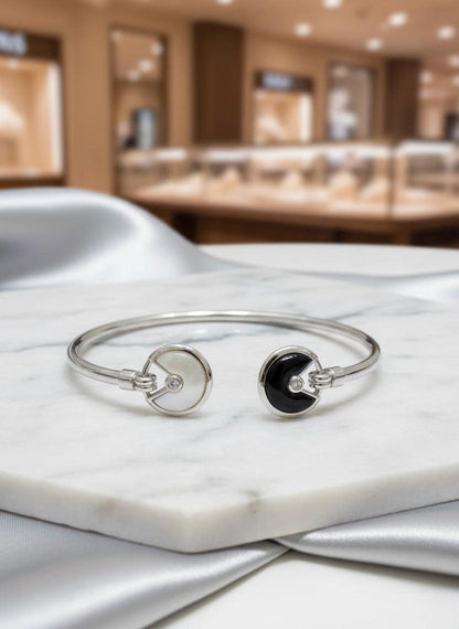Handmade 925 Sterling Silver Open Bangle Bracelet | Black & White Stone Cuff | Hallmarked Minimalist Jewellery