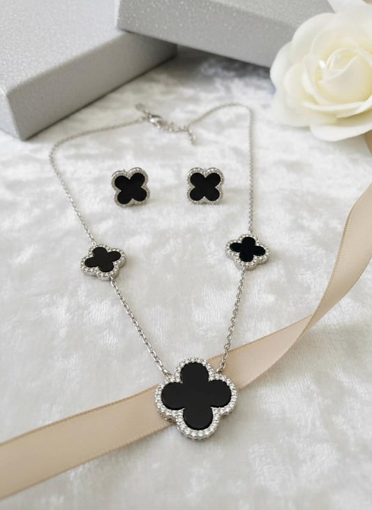 Handmade Hallmarked 925 Sterling Silver Black Clover Necklace & Earrings Set