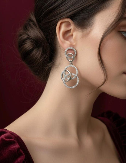 Handmade Hallmarked 925 Sterling Silver Interlocking Circle Drop Earrings