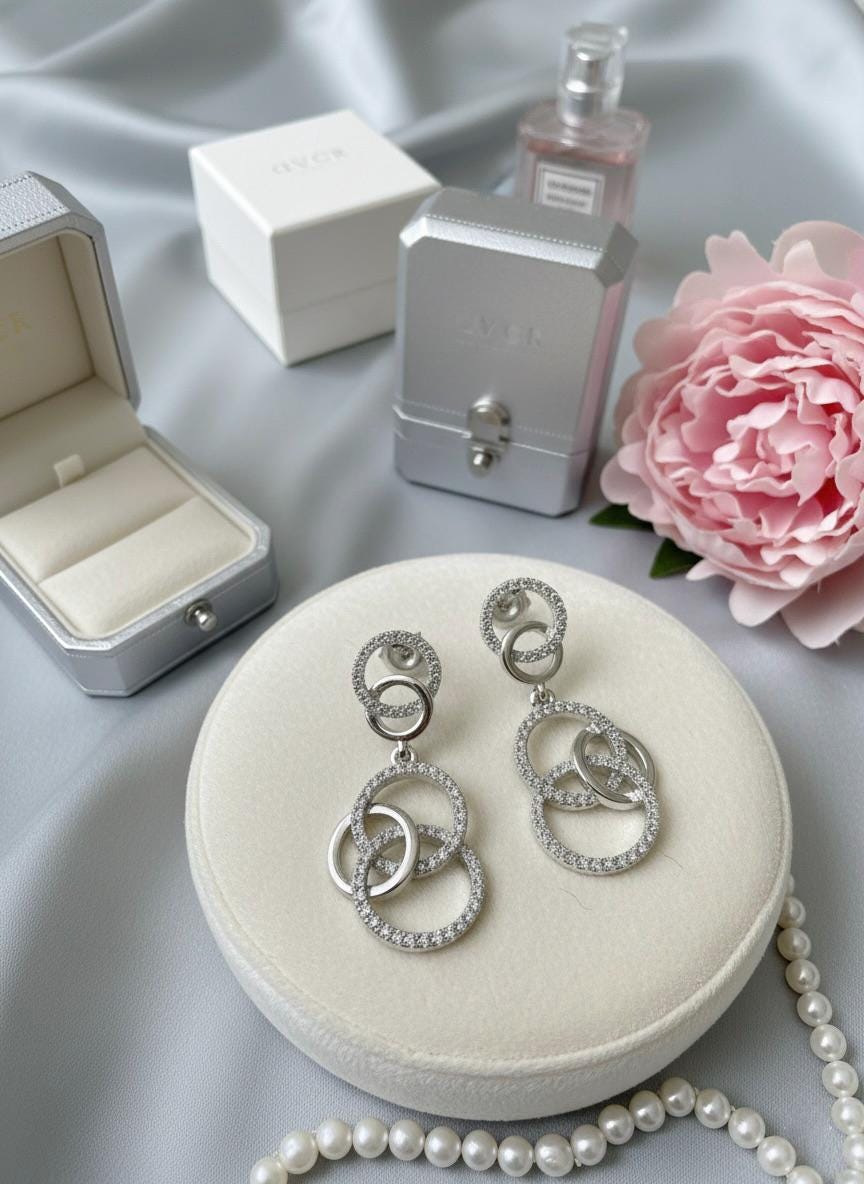 Handmade Hallmarked 925 Sterling Silver Interlocking Circle Drop Earrings