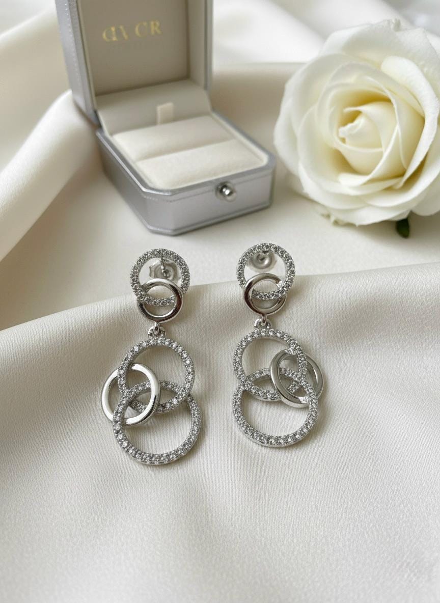 Handmade Hallmarked 925 Sterling Silver Interlocking Circle Drop Earrings